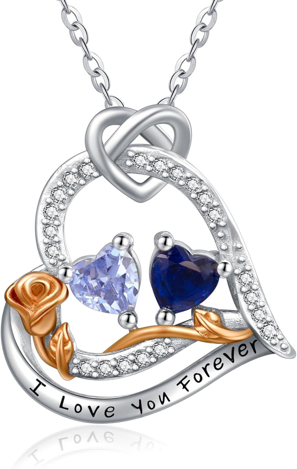  Sterling Silver 2 Birthstones Rose Heart Necklace for Women -06-09-Jun-Sept