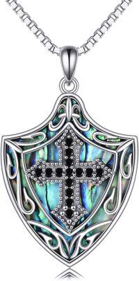 wholesale 925 Sterling Silver Abalone Shell Knight's Templar Cross Shield Pendant Necklace-A-Abalone Shell Cross Shield Necklace