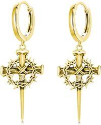 wholesale Gold 925 Sterling Silver Crown of Thorns Cross Hoop Earrings for Men-3-Gold