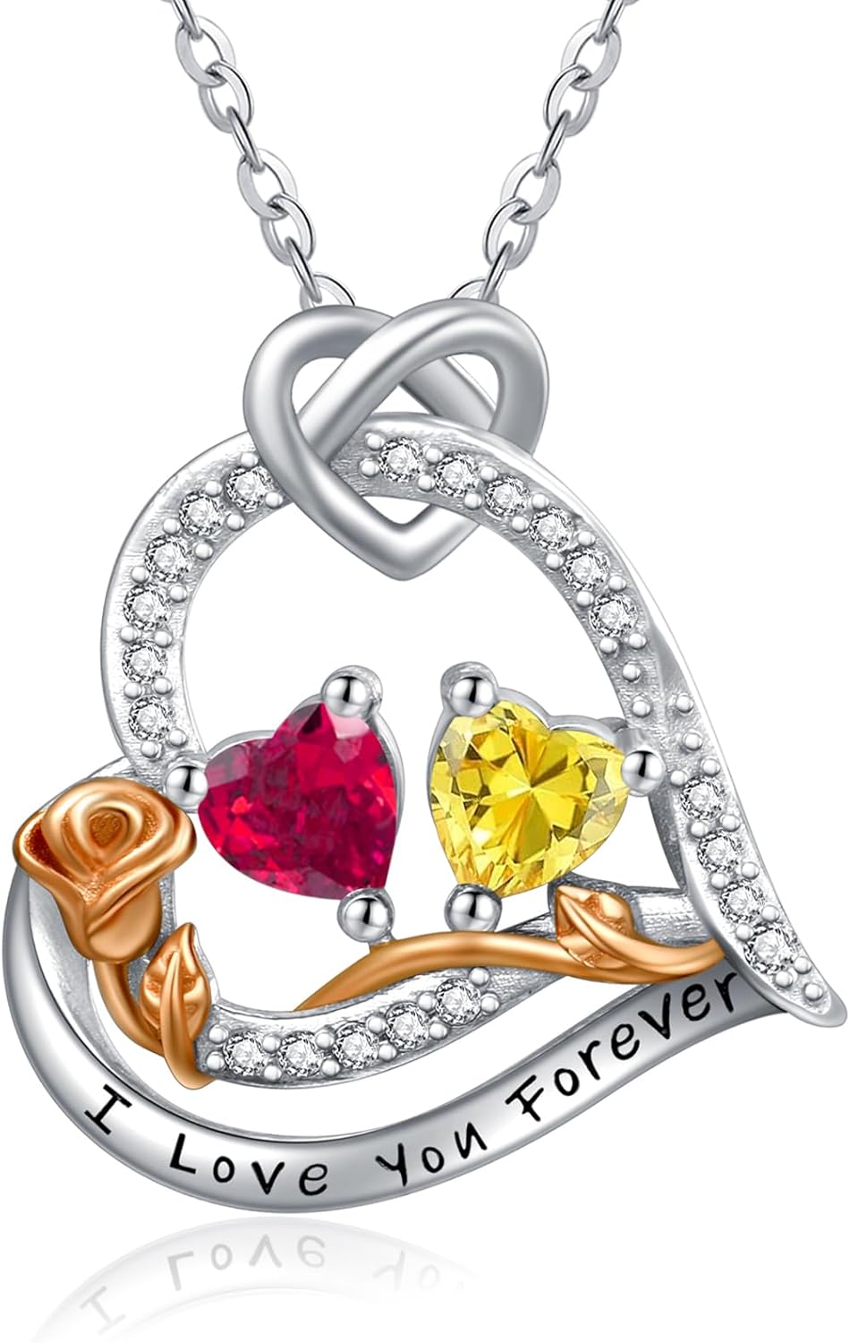  Sterling Silver 2 Birthstones Rose Heart Necklace for Women -07-11-Jul-Nov