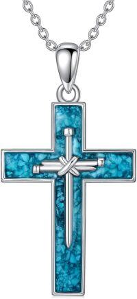 wholesale 925 Sterling Silver Turquoise Inlay Cross Pendant Necklace for Women and Men - Religious  for Christmas & Birthdays-04-Nail