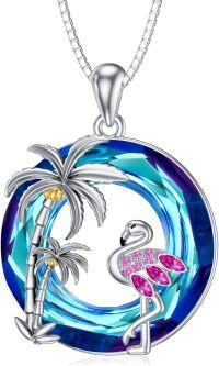 wholesale 925 Sterling Silver Flamingo Palm Tree Pendant Necklace Crystal s for Women Her Girlfriend Birthday Valentines Day-Blue Crystal-Flamingo