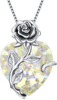 wholesale Sterling Silver Crystal Rose Flower Heart Pendant Necklace-04-Apr - Simulated Diamond