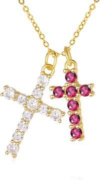 wholesale 14K Gold Sterling Silver Birthstone Double Cross Necklace for Women-04-07-Apr-Jul