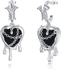 wholesale 925 Sterling Silver Heart-Shaped Nail & Chain Drop Earrings w/Black Onyx and Red Agate - Gothic Style Gift for Her-Black Onyx