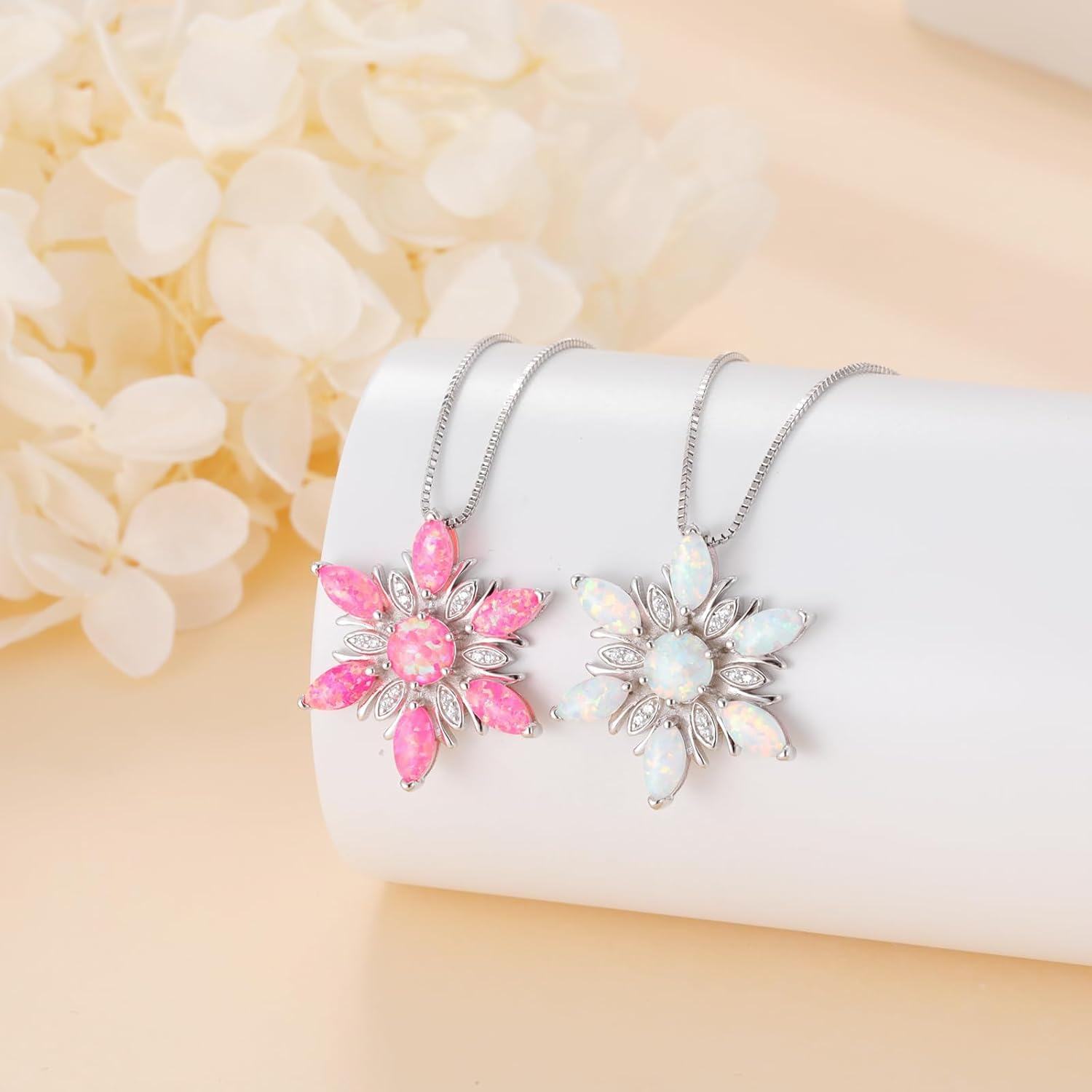 Sterling Silver Cubic Zirconia Opal Snowflake Necklace Winter Gift-0-3