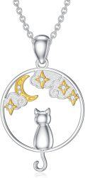 wholesale 925 Sterling Silver Moon & Star Cat Pendant Necklace with Cubic Zirconia Stones for Women's Gifts-0-0