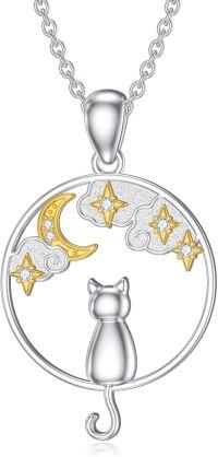 wholesale 925 Sterling Silver Moon & Star Cat Pendant Necklace with Cubic Zirconia Stones for Women's Gifts-Type 1