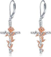 wholesale 925 Sterling Silver Rose Flower Cross Dangle Earrings s for Women-Rose cross dangle earrings