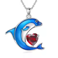 wholesale 925 Sterling Silver Birthstone Blue Dolphin Pendant Necklace-January