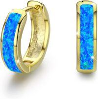 wholesale 925 Sterling Silver Simulated Opal Hoop Earrings for Women Hypoallergenic Huggie Hinged Hoops Colorful Jewelry Gift-14mm Gold Blue-14
