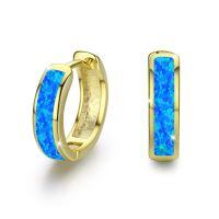 wholesale 925 Sterling Silver Simulated Opal Hoop Earrings for Women Hypoallergenic Huggie Hinged Hoops Colorful Jewelry Gift-14mm Gold Blue-14