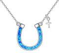 wholesale 925 Sterling Silver Blue Opal Horse Shoe Cross Pendant Necklace for Women-0-0