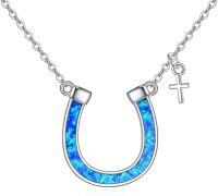 wholesale 925 Sterling Silver Blue Opal Horse Shoe Cross Pendant Necklace for Women-Blue Opal