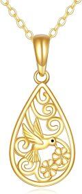 wholesale 14K Gold Teardrop Filigree Hummingbird Pendant Necklaces for Women s-0-0