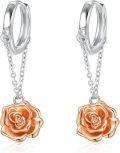 wholesale 925 Sterling Silver Gold Plated Rose Flower Drop Dangle Huggie Hoop Earrings for Women Girls  4cm Length-0-0