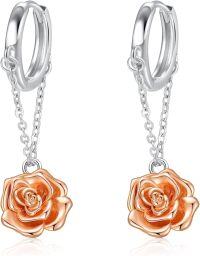 wholesale 925 Sterling Silver Gold Plated Rose Flower Drop Dangle Huggie Hoop Earrings for Women Girls  4cm Length-Rose Chain Earrings