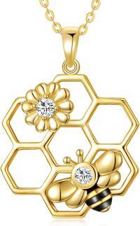 wholesale 14K Gold Honeycomb Bee & Flower Pendant Necklace with Diamond Accent - Gifts for Her-C Style-Bee Necklace