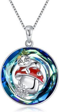 wholesale 925 Sterling Silver Round Blue Swarovski Crystal Pendant with Red and White Animal Design for Cat Lovers-Sloth