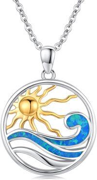 wholesale 925 Sterling Silver Blue Opal Wave Sun Pendant Necklace-Pendant Necklace