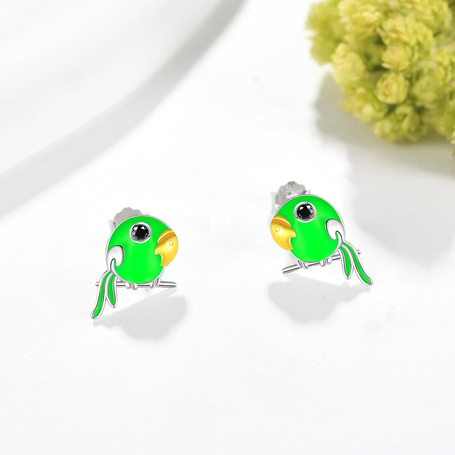 wholesale 925 Sterling Silver Metal Green Bird Stud Earrings with Black Rhinestone Eyes and Gold Beak-0-1