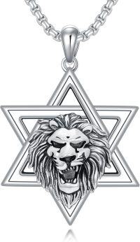 wholesale 925 Sterling Silver Lion Head in Star of David Pendant Necklace-Lion
