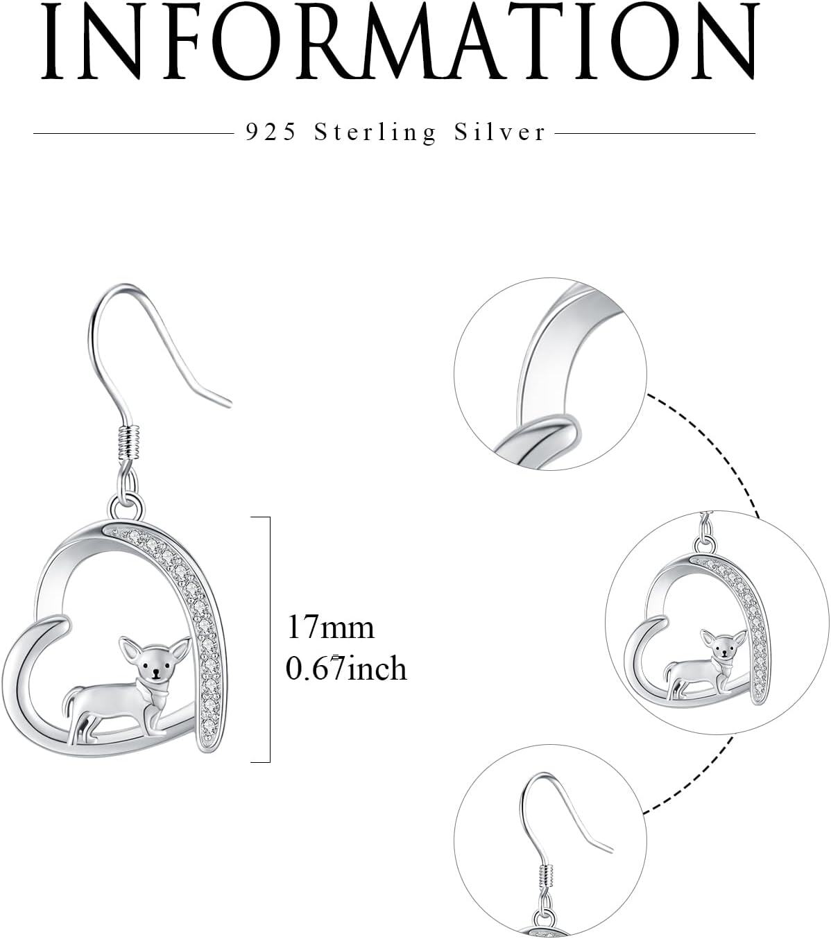 wholesale 925 Sterling Silver & Zircon Chihuahua Earrings for Women - 16.8x15.8mm Dainty Dog Jewelry Gift-0-2