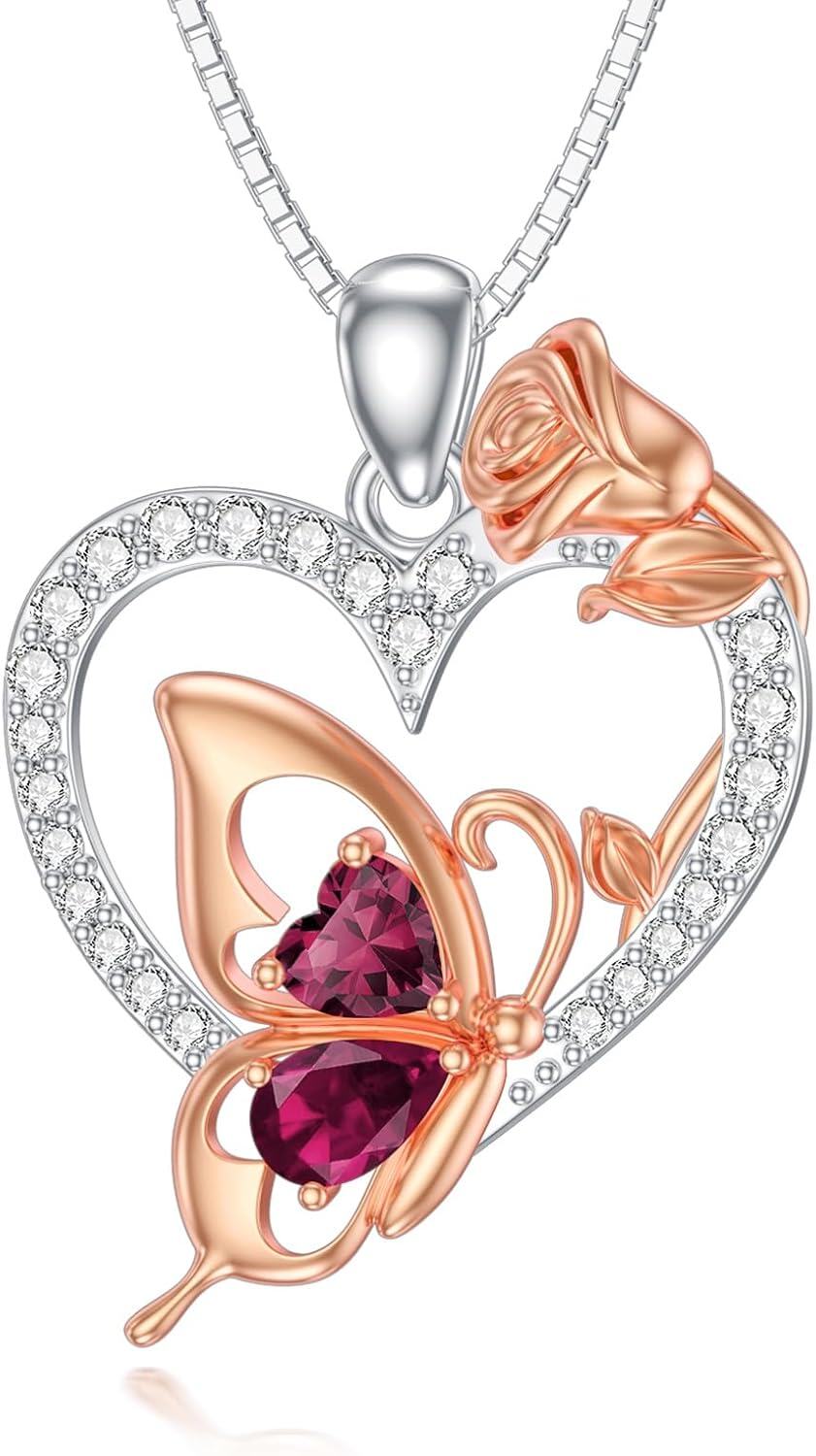  Sterling Silver Zircon Butterfly Heart Necklace for Women Birthday Gift -0-0
