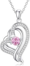 wholesale TOUPOP Pink Tourmaline Necklace Sterling Silver Double Heart Pendant Necklace With October Birthstone Birthday Christmas Jewelry Gifts For Women Her -0-0