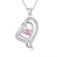TOUPOP Sterling Silver Pink Tourmaline Double Heart Pendant Necklace-undefined