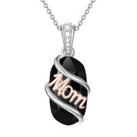 wholesale 925 Sterling Silver Mom Pendant Necklace Wholesale With Zircon Accent And Engraved Mom Script-Mom-Black Onyx