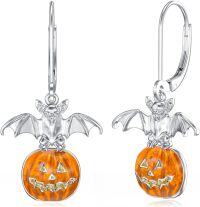 wholesale 925 Sterling Silver Gothic Bat Pumpkin Earrings with Hypoallergenic Hook – Halloween Jewelry Gift (21x12mm)-A03-Bat & Pumpkin