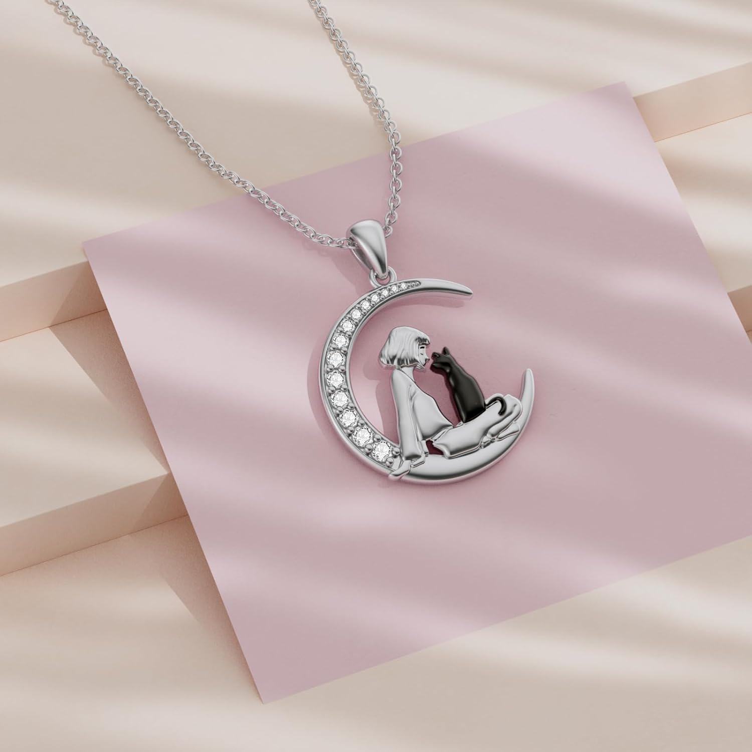 925 Sterling Silver Moon & Girl with Black Cat Pendant Necklace for Women-0-2