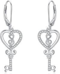 wholesale 925 Sterling Silver Heart Key with Treble Clef Dangle Leverback Earrings  for Women-Music