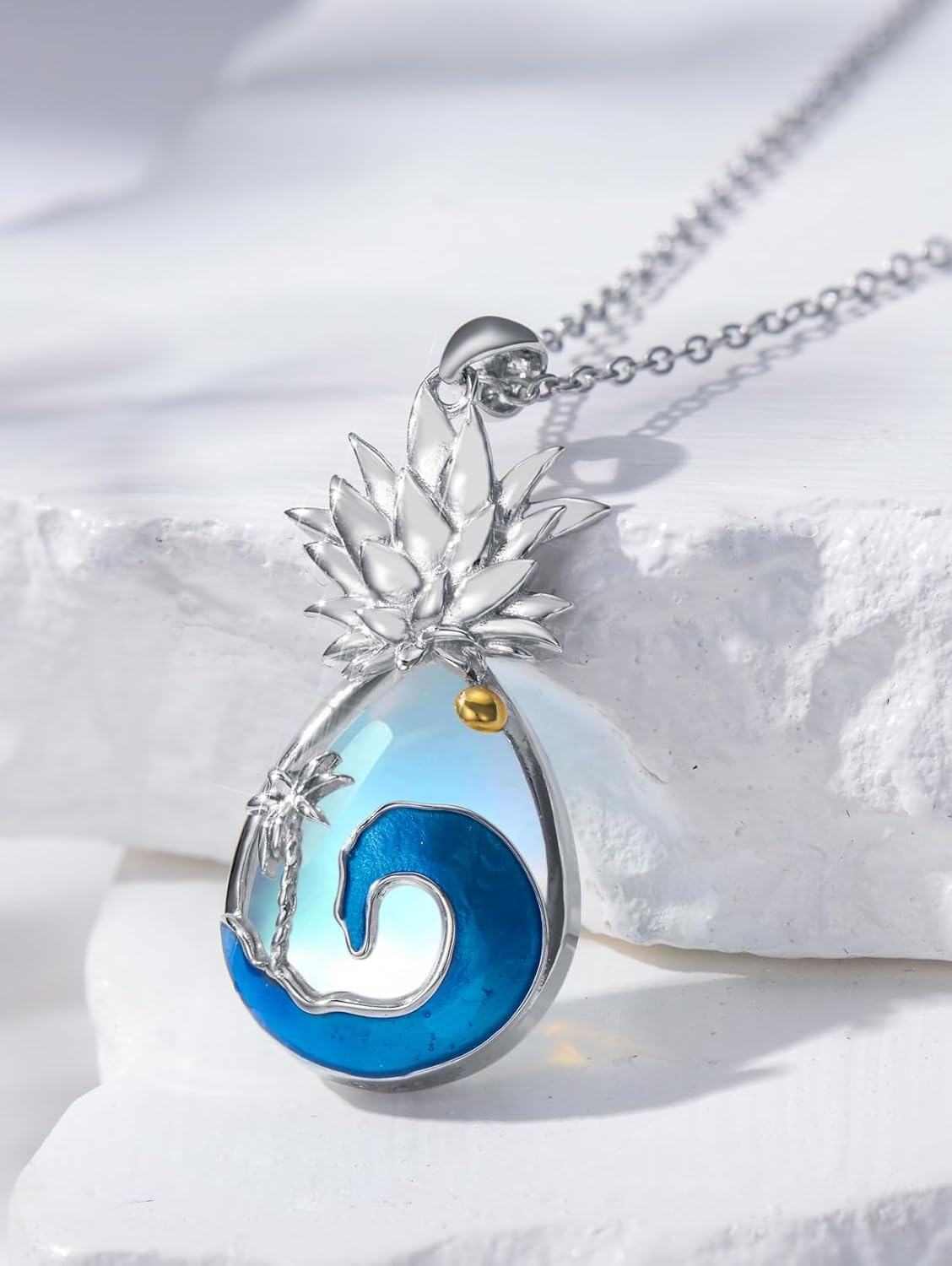 925 Sterling Silver Pineapple Ocean Wave Palm Tree Pendant Necklace for Women Girls Gifts-0-2