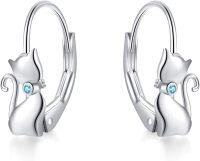 wholesale 925 Sterling Silver Gold Cat Shape Leverback Earrings for Women and Teen Girls - Birthday & Christmas Gift Ideas-Cat Earrings-blue cz