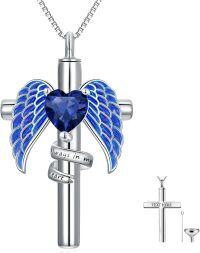 wholesale Sterling Silver Birthstone Angel Wing Cross Rose Heart Cremation Urn Necklace for Women with Funnel Kit ( chars)-Cross Personalized 09-Sep-Sapphire
