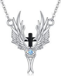 wholesale 925 Sterling Silver Angel Wings Cross Blue Stone Pendant Necklace for Men & Women-D-ANKE
