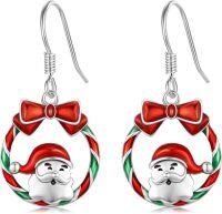 wholesale 925 Sterling Silver Metal Christmas Wreath Bow Santa Claus Dangle Earrings for Women-Santa Claus