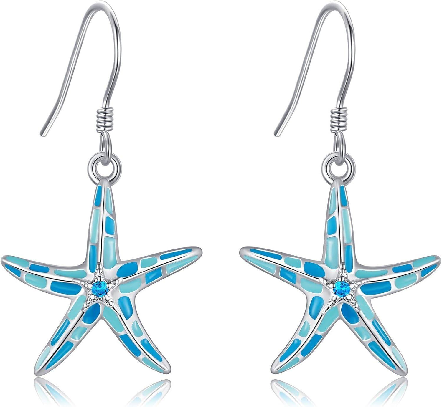 Sterling Silver Animal Earrings Horse Bee Llama Owl Jellyfish Parrot Bunny Duck Penguin Flamingo Paw Print Panda Dolphin Hummingbird for Mom-Starfish