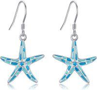 wholesale 925 Sterling Silver Starfish Drop Dangle Hook Earrings with Blue Enamel and Crystal Accents  for Women Girls Mother's Day Birthday Anniversary Christmas Present Idea 4cm Long (Blue)-Starfish