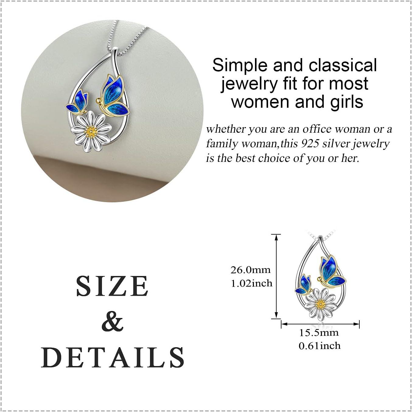 Sterling Silver Daisy Flower Butterfly Teardrop Pendant Necklace Jewelry Gift-0-4