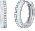 wholesale 925 Sterling Silver Opal Inlay Huggie Hoop Earrings with Cubic Zirconia Accents for Men & Women-0-0