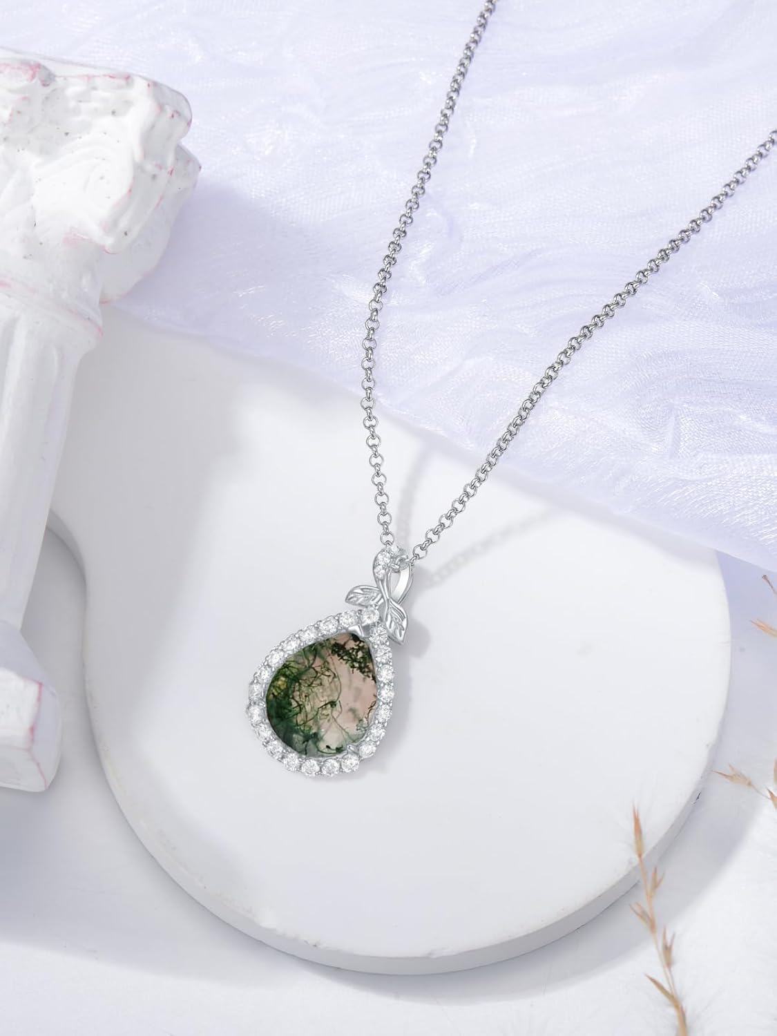 Sterling Silver Moonstone Peridot Moss Agate Dainty Teardrop Pendant Necklace-0-2