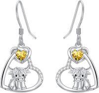 wholesale 925 Sterling Silver Birthstone Highland Cow Dangle Earrings Scotland Western Gift-11-Nov-Citrine