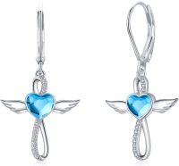 wholesale S925 Sterling Silver with Blue Crystal & Cubic Zirconia Angel Wings Cross Heart Leverback Earrings 19.5mm for Women Gifts-12-Angel Wings Earrings-Sea ​​Blue