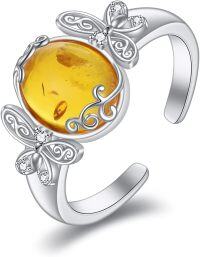 wholesale 925 Sterling Silver Amber Oval Gemstone Adjustable Filigree Dragonfly Butterfly Bee Ring for Women Girls-Butterfly