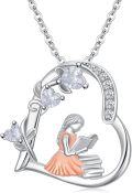 wholesale 925 Sterling Silver Heart-Shaped Reading Girl Book Lover's Pendant Necklace-0-0