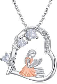 wholesale 925 Sterling Silver Heart-Shaped Reading Girl Book Lover's Pendant Necklace-Reading