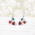 wholesale 925 Sterling Silver Heart-Shaped Red Crystal and Green Leaf Dangle Drop Earrings - Fruit Inspired Jewelry-0-2